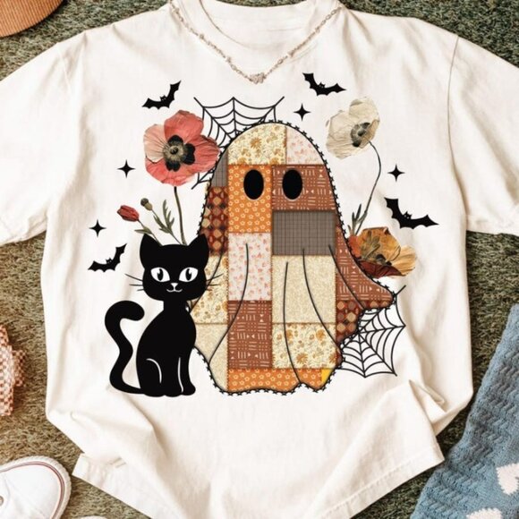 Patchwork Halloween Ghost and Cat Tee - Picture 1 of 3